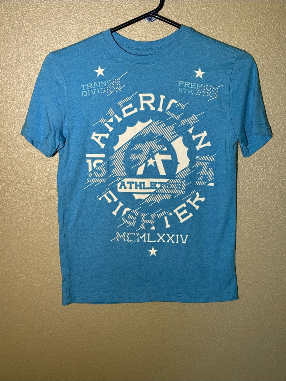 American Fighter Blue Tee with White Athletic Graphic